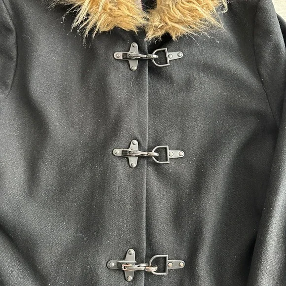 Tommy‎ Hilfiger Womens Wool Toggle Walker Pea Coat Size L Faux Fur Hood Preppy
